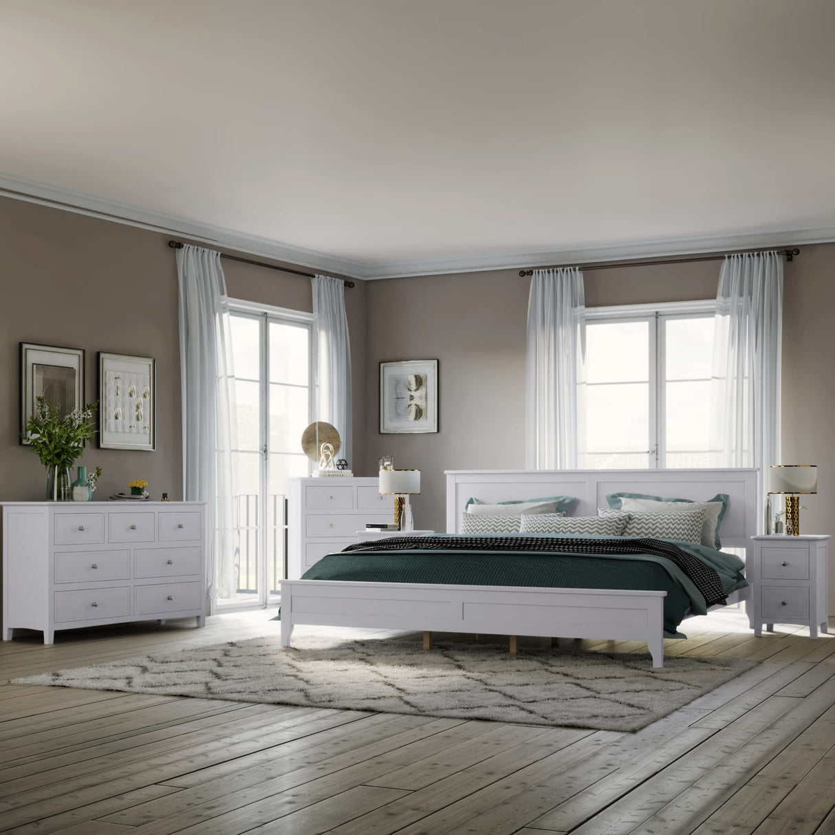 SOFTSEA Elegant White Solid Wood 5-Piece King Bedroom Set with Platform Bed, Dresser, and Nightstands SOFTSEA