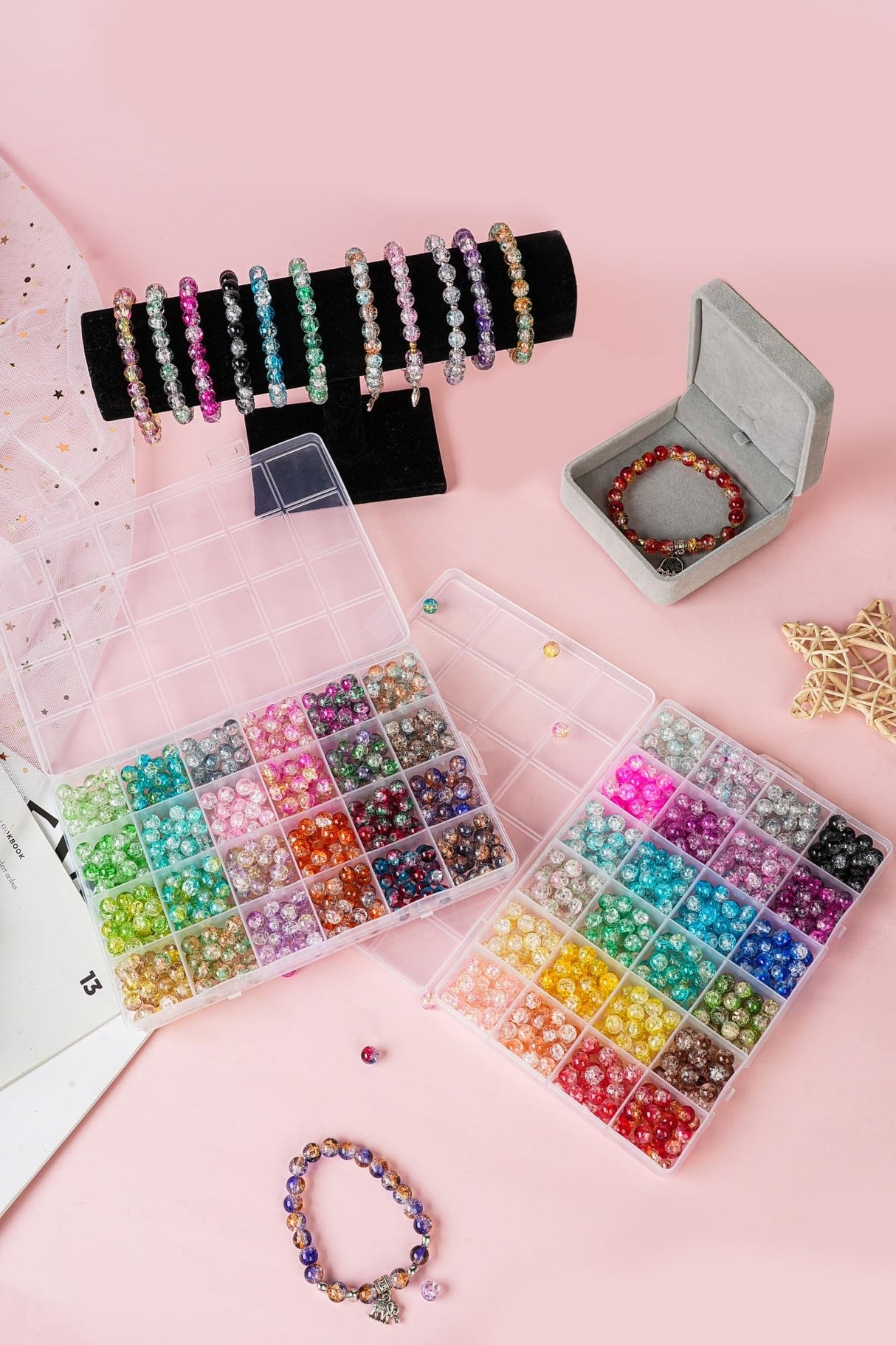 1300PCS 8mm Mixed Crackle Glass Beads for Bracelets Making with Accessories, 48 Colors Crystal Glass Beads Jewelry Making Kit, Round Beads for DIY Bracelet Crafts REVKI