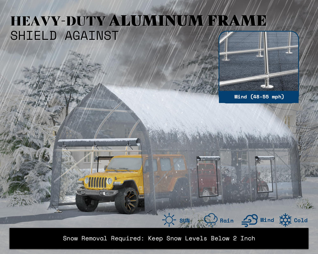 AMERLIFE 12 x 30 FT Walnut-Shaped Carport with Galvanized Frame, Roll-Up Doors & Mesh Windows, Heavy Duty Outdoor Canopy with Reinforced Ground Stacks, for Truck & Boat, Silver Gray AMERLIFE