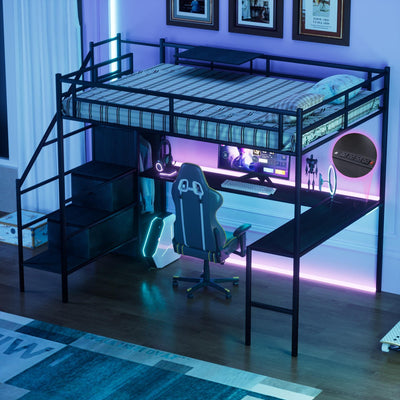 Linique Full Size Gaming Loft Bed with L-Shaped Desk, LED and Charging Station, Metal Loft Bed with Wardrobe and 2 Fabric Drawers for Kids, Teens, Adults, Black