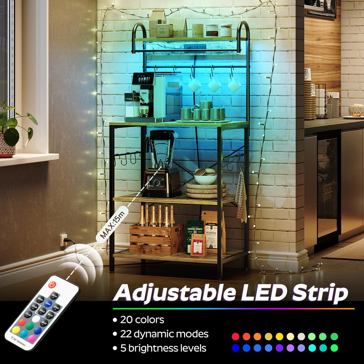 YATINEY Bakers Rack with Power Outlets and Led Lights, 4-Tier Microwave Stand, Coffee Bar Station, Kitchen Storage Shelf, Kitchen Spice Rack with S-Shaped Hooks, for Pots and Pans, Rustic Brown HB20BR YATINEY