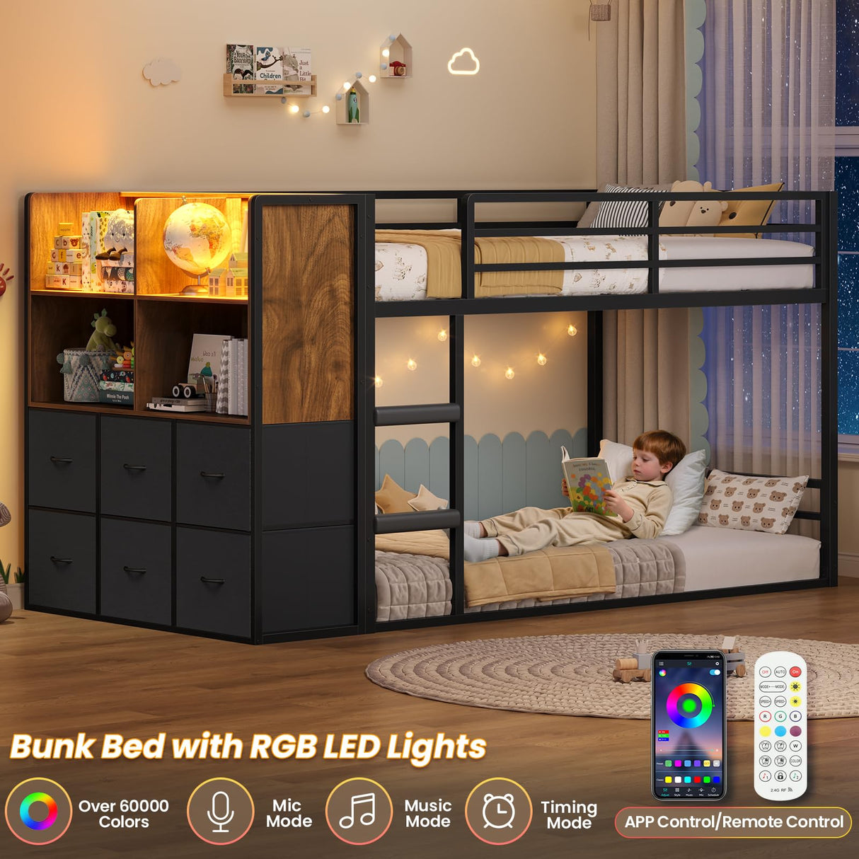 BTHFST Twin Over Twin Bunk Bed, Twin Bunk Beds with Storage & LED Lights, Metal Space Saving Low Bunk Bed with Safety Ladder and Guardrail BTHFST