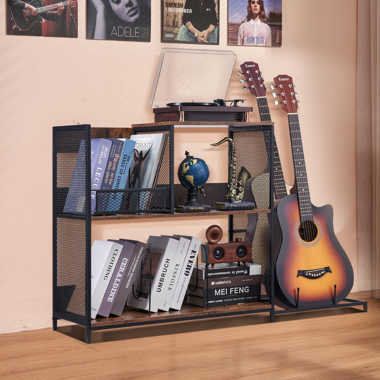VEVOR 3-Tier Record Player Stand with Guitar Holder, Turntable Stand with Storage Holds Up to 300 Albums, Vinyl Record Cabinet with Metal Mesh Frame for Living Room, Bedroom, Black VEVOR