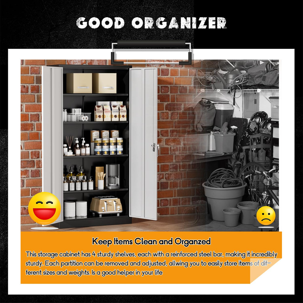 Greenvelly Metal Storage Cabinet, Locking Steel Garage Cabinets with Doors and Adjustable Shelves,Lockable Metal File Cabinet, Metal Tool Cabinets for Garage,Home Office,School (Black Grey) Greenvelly