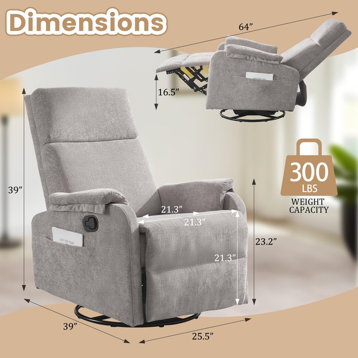 Korser Recliner Chairs, Swivel Rocking Recliner Chair for Adults, Glider Rocking Chair, Small Nursery Recliner for Living Room, Reclining with Modern-Designed Armrests, Chenille, Grey Korser