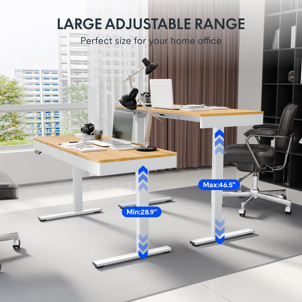 FLEXISPOT 55 x 24 Inch with Double Drawers Q5 Standing Desk, Electric Adjustable Height Stand Up Desk with 4 Preset Heights Whole Piece Wooden Desktop for Home, Office, Workstation, Maple FLEXISPOT