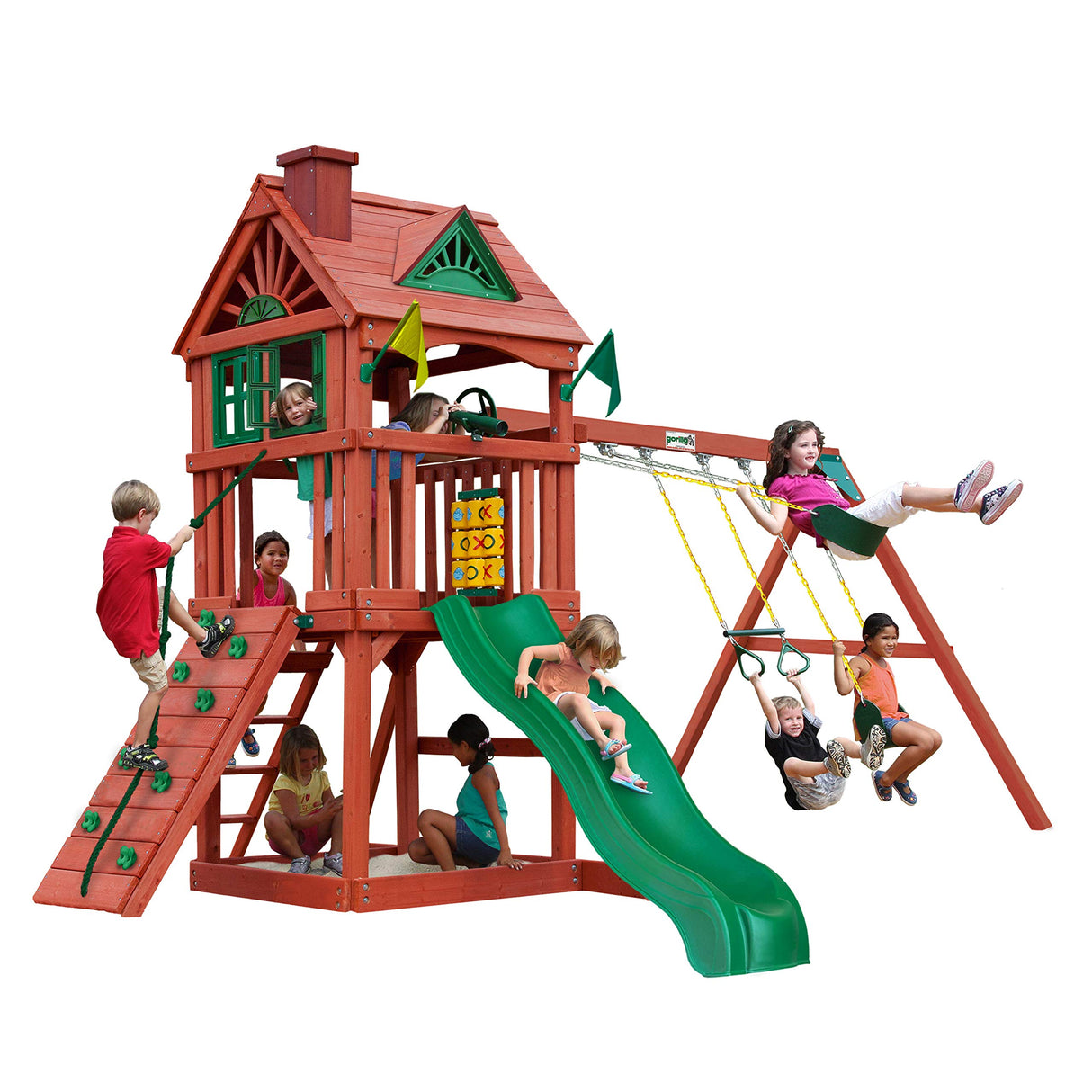 Gorilla Playsets 01-0021 Nantucket II Wood Swing Set with Wood Roof, Two Swings, Slide, Sandbox Area, Rock Wall, Redwood Color Gorilla Playsets