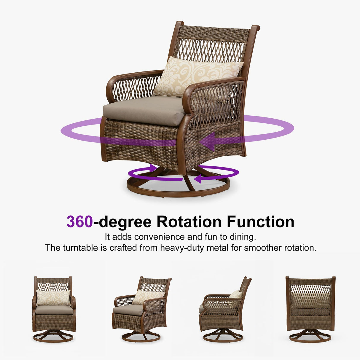 PURPLE LEAF Outdoor Dining Set for 6 All Weather Wicker Patio Dining Set with Hand-Woven Rattan Swivel Dining Chais and Rectangular Aluminum Table for Garden Deck Backyard Kitchen PURPLE LEAF