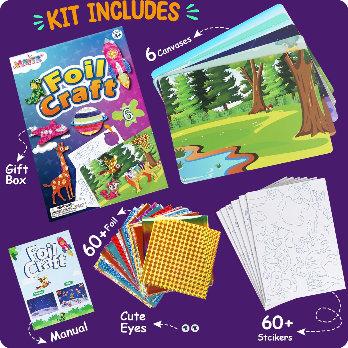 Alritz Arts and Crafts,Foil Crafts Fun Kit, Art Kit Toys for Kids Animals Space Cars, Foil Stickers Supplies,Travel Toys DIY Christmas Gifts for Girls Boys 4 5 6 7 8 9 10 11+ Years Old (6 Theme) Alritz