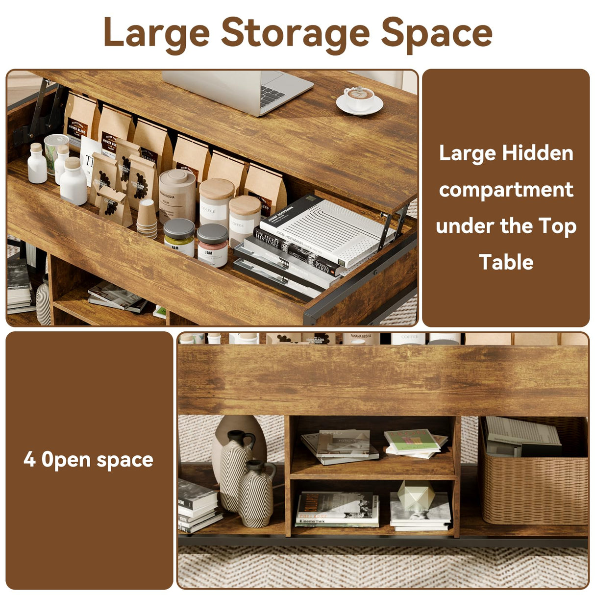 Coffee Tables for Living Room, 47.2 inches Lift Top Coffee Table with Storage, Farmhouse Modern Rustic Brown Living Room Tables EDWINENE