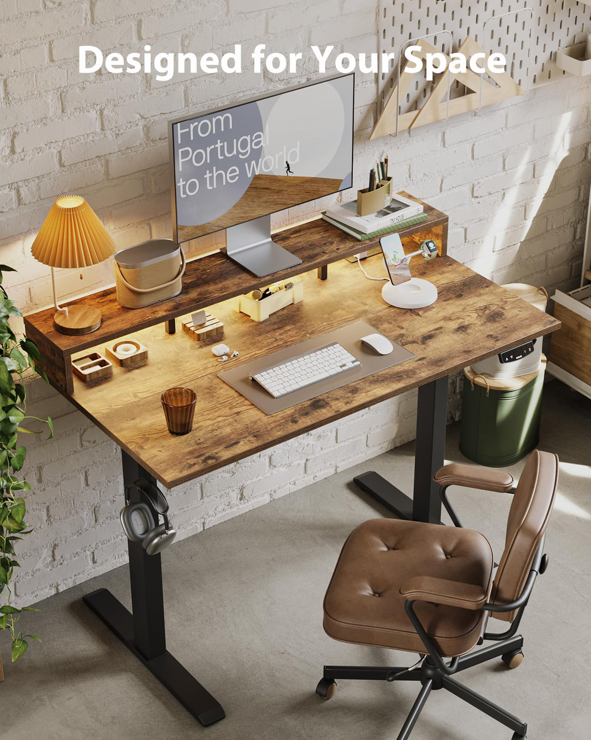 Electric Height Adjustable Standing Desk with Power Outlet and LED Light Strip, Sit to Stand, Ergonomic 48x24" Rising Desk with Memory Presets, Home Office Workstation, Computer Gaming Table, Brown Agilestic