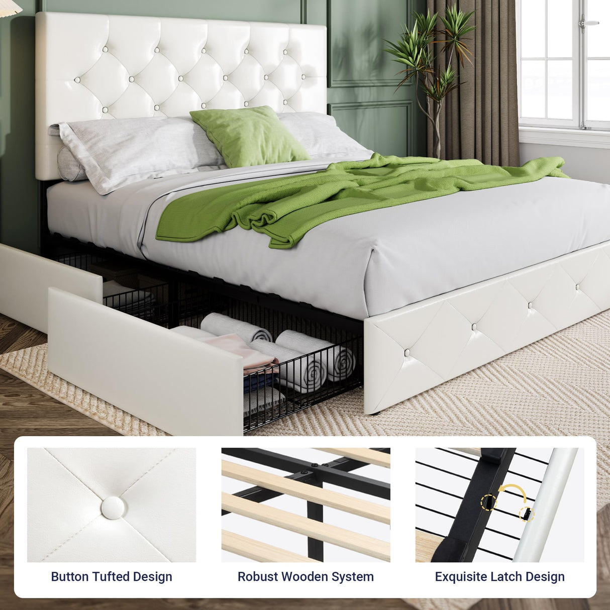 Allewie Upholstered Full Size Platform Bed Frame with 4 Storage Drawers and Headboard, Diamond Stitched Button Tufted, Mattress Foundation with Wooden Slats Support, No Box Spring Needed, White Allewie