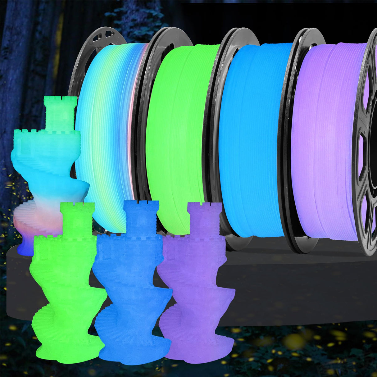 MIKA3D Glow in Dark PLA 3D Printer Filament Bundle, Glowing in Dark Fluorescent Green, Blue, Purple, Rainbow, Each Spool 0.25kg, 4 Spools, Total 1KG Dark Fluorescent PLA Multicolor Packed 250g X 4 MIKA3D