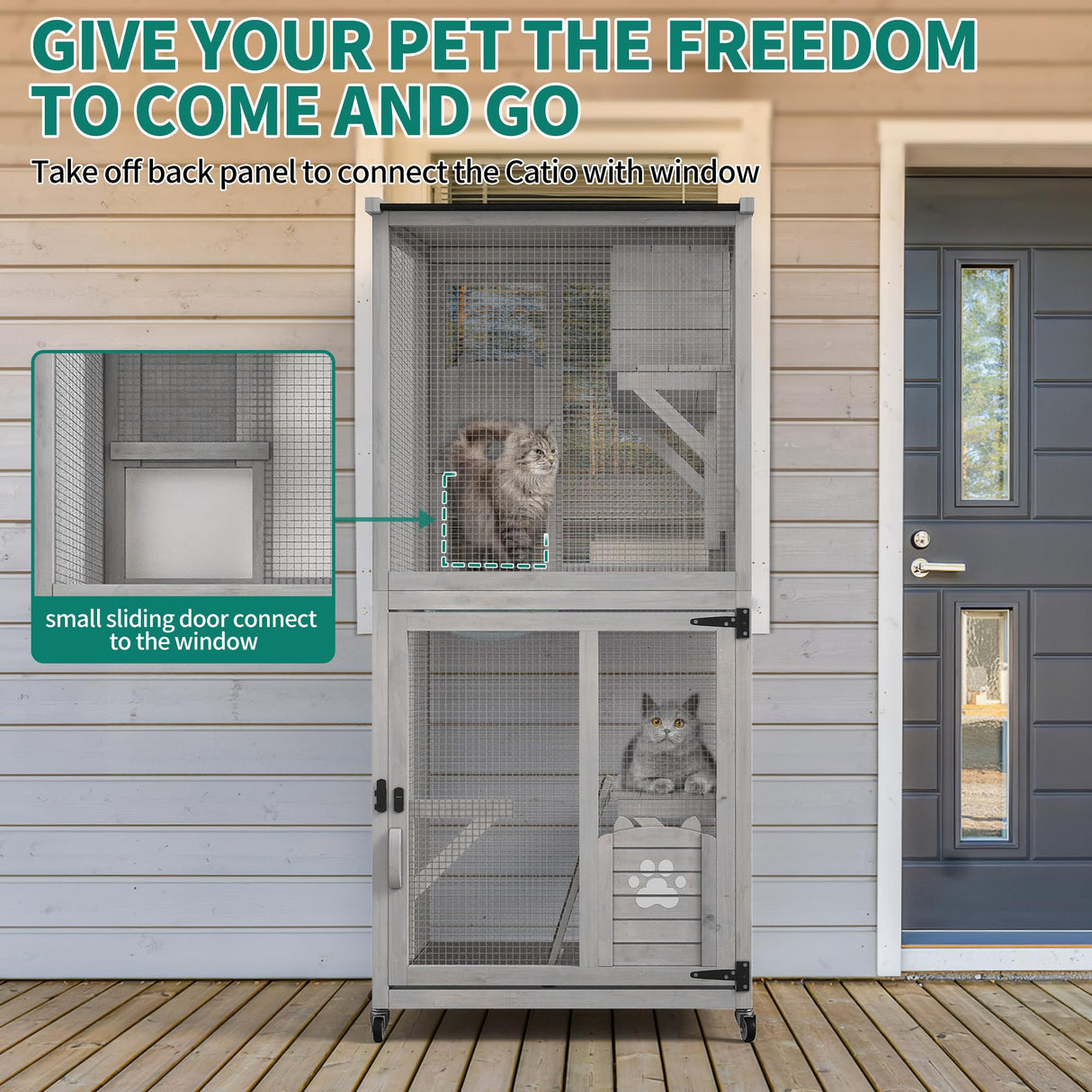 YITAHOME Cat House 70.9" Catio Outdoor Cat Enclosure on Wheels Wooden Cat Cage with Cat Space Capsule Bed and Cat Scratcher Ramp, Cat Patio Waterproof Roof(Grey) YITAHOME