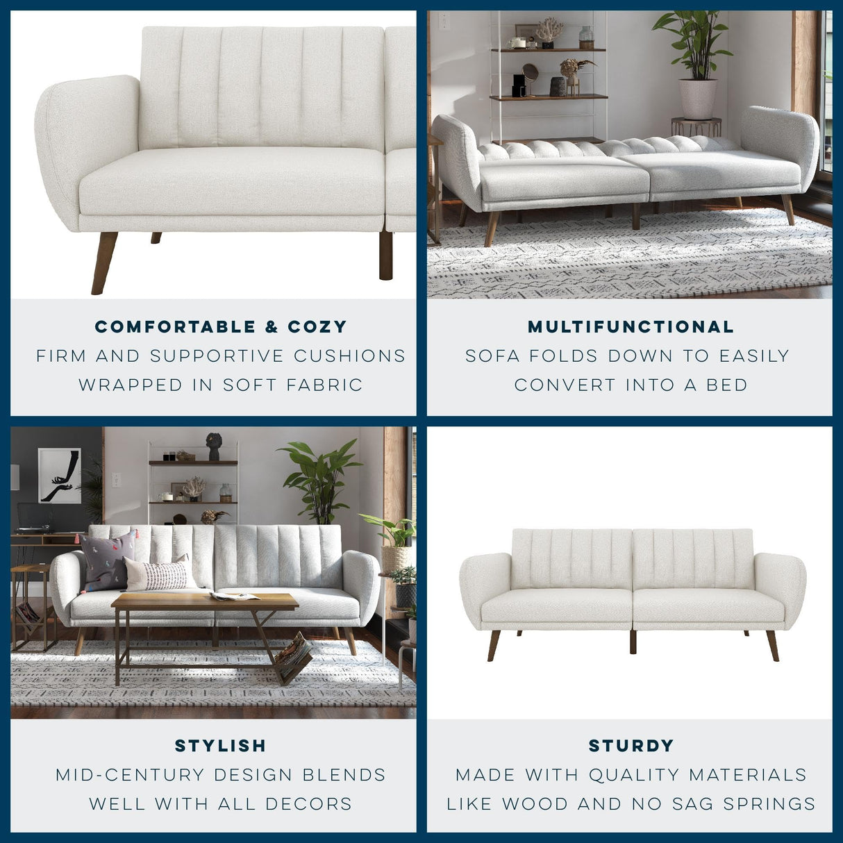 Novogratz Brittany 82 Inch Futon Sofa Bed, Upholstered Couch Sleeper with Tufted Back, Mid-Century Modern, Light Gray Novogratz