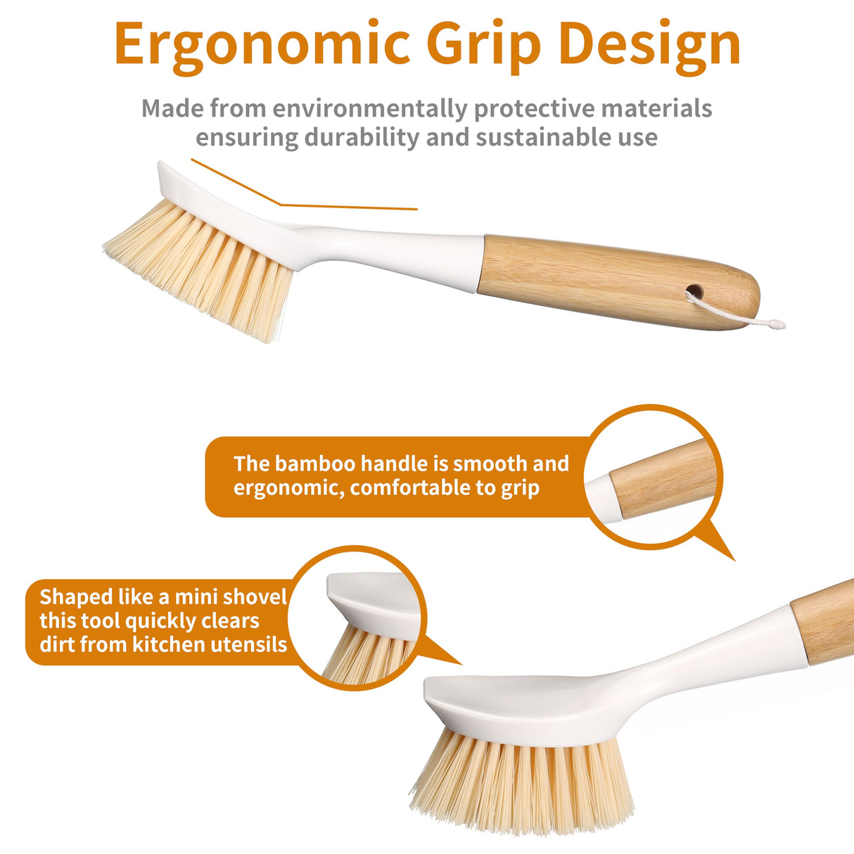 2 Pack Kitchen Dish Brush Bamboo Handle Dish Scrubber Built-in Scraper, Scrub Brush for Pans, Pots, Kitchen Sink Cleaning, Dishwashing and Cleaning Brushes are Perfect Cleaning Tools, White Songtaste