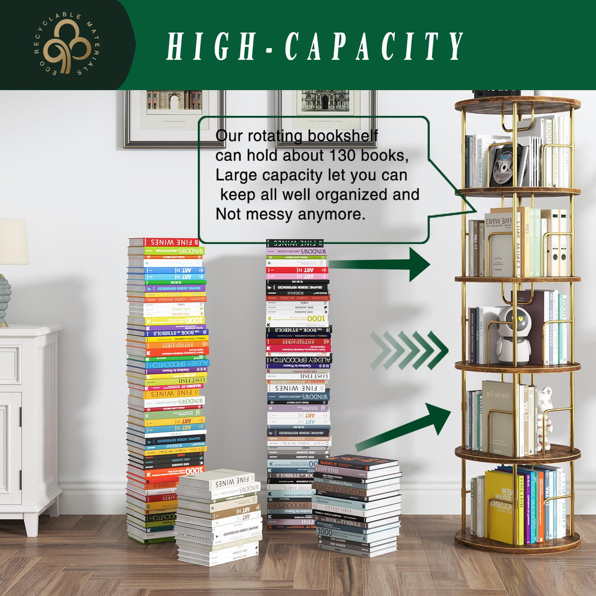 5Tier Rotating Bookshelf, 360 ° Display Stackable Spinning Bookshelf Tower, Narrow Space Saving Tall Floor Standing Swivel Bookcase Corner Storage Organizer for Bedroom/Living Room/Office,Gold swlongbooks