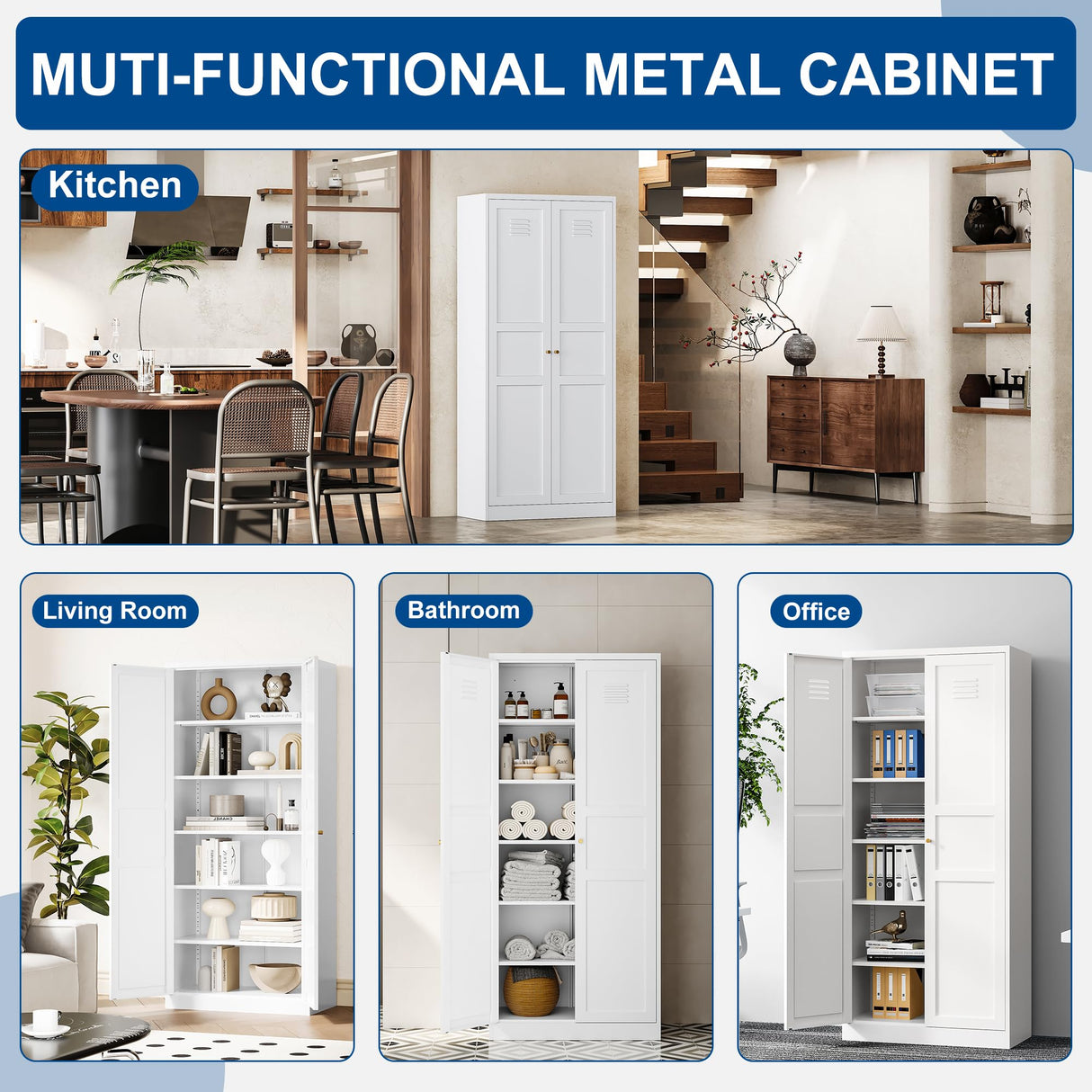 Fesbos Metal Storage Cabinet-71” Tall Steel File Cabinets with Doors and 5 Adjustable Shelves-White Steel Storage Cabinet for Home,Kitchen, School, Office, Garage Fesbos