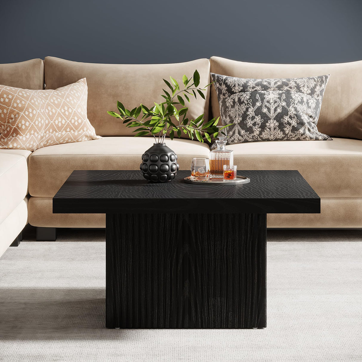 Tribesigns Square Coffee Table, 31.5-Inch Fluted Coffee Table, Mid-Century Modern Living Room Table, Large Cocktail Table for Living Room, Easy Assembly, Black Tribesigns