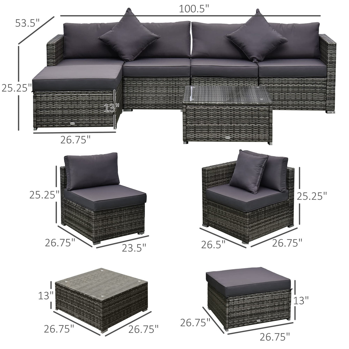 Outsunny 6 Piece Patio Furniture Set Outdoor Wicker Conversation Set All Weather PE Rattan Sectional Sofa Set with Ottoman, Cushions and Tempered Glass Table, Mixed Gray and Gray Outsunny