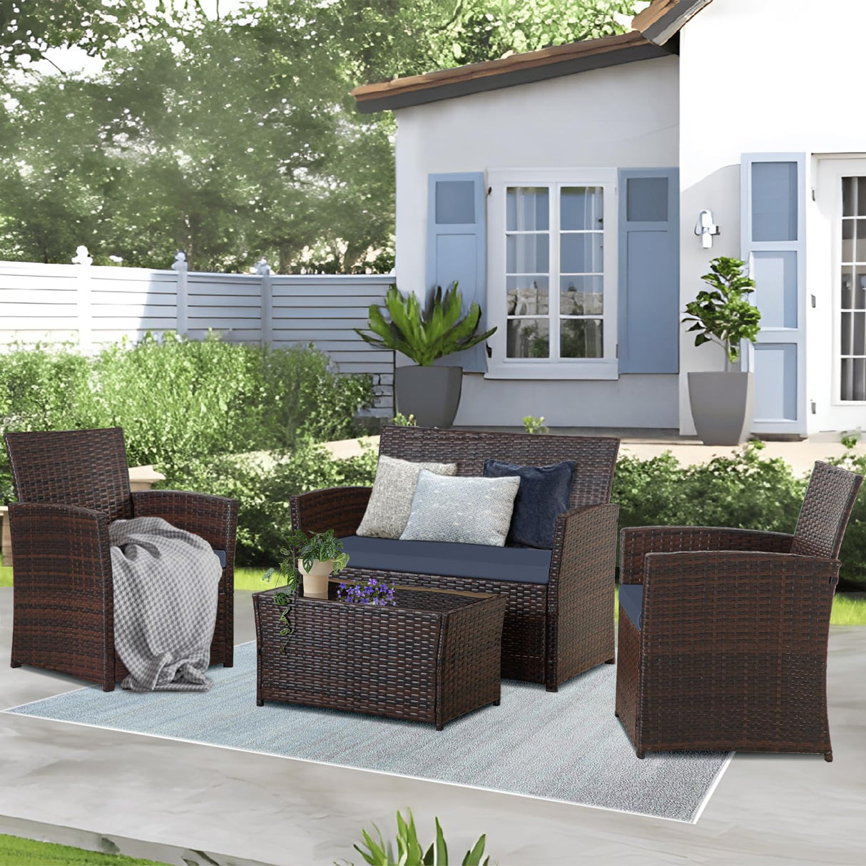 HYDRAGARDEN 4 Piece Outdoor Furniture Set, Patio Wicker Sectional Sofa with Tempered Glass Coffee Table and Cushions, Rattan Conversation Set for Garden Backyard Balcony (Brown Rattan-Blue Cushion) HYDRAGARDEN