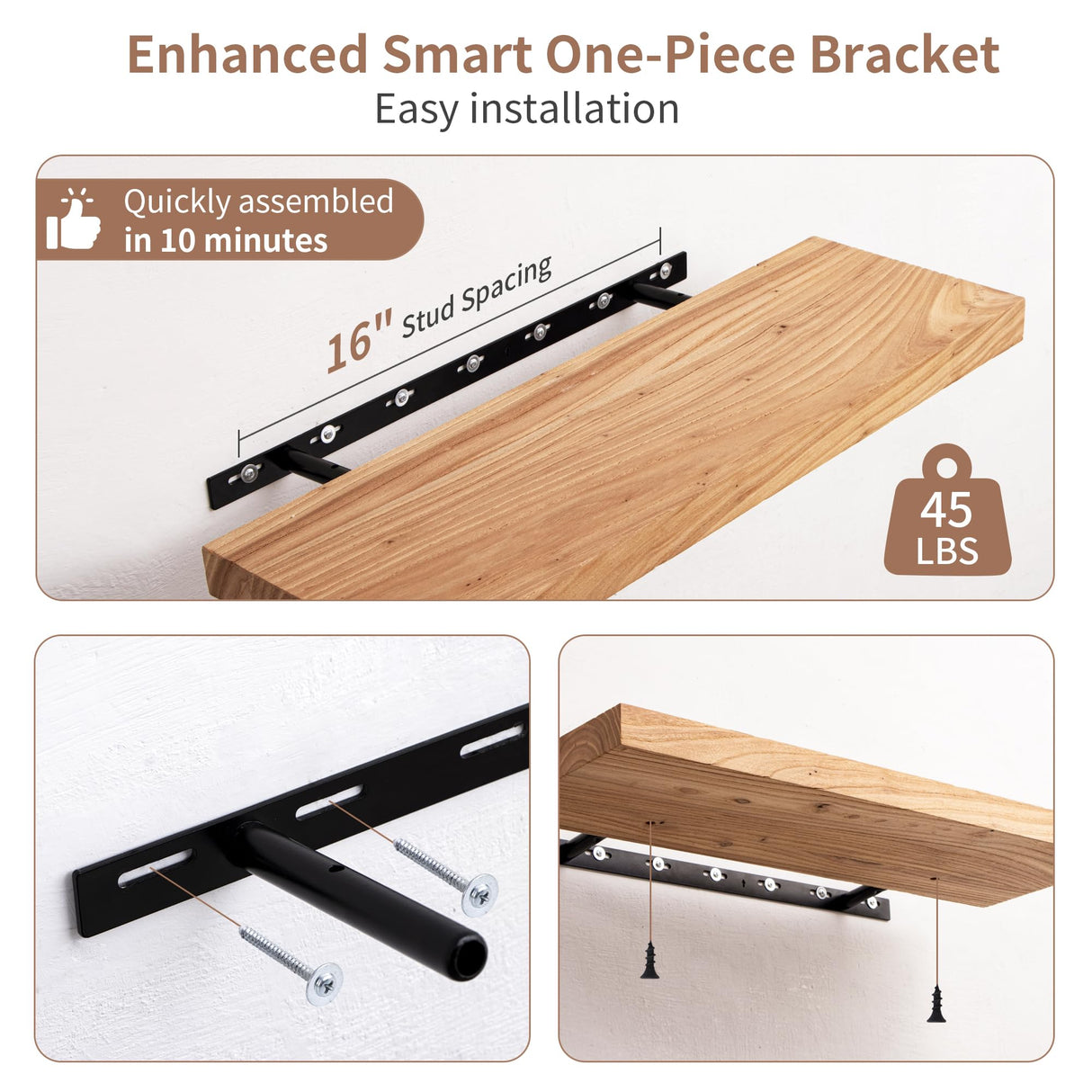 Axeman Floating Shelves, 8 Inch Deep Rustic Solid Elm Wood Wall Shelves for Storage, Wall Mounted Display Shelving with Invisible Heavy-Duty Metal Bracket, 24 Inch Width Set of 2, Natural Axeman