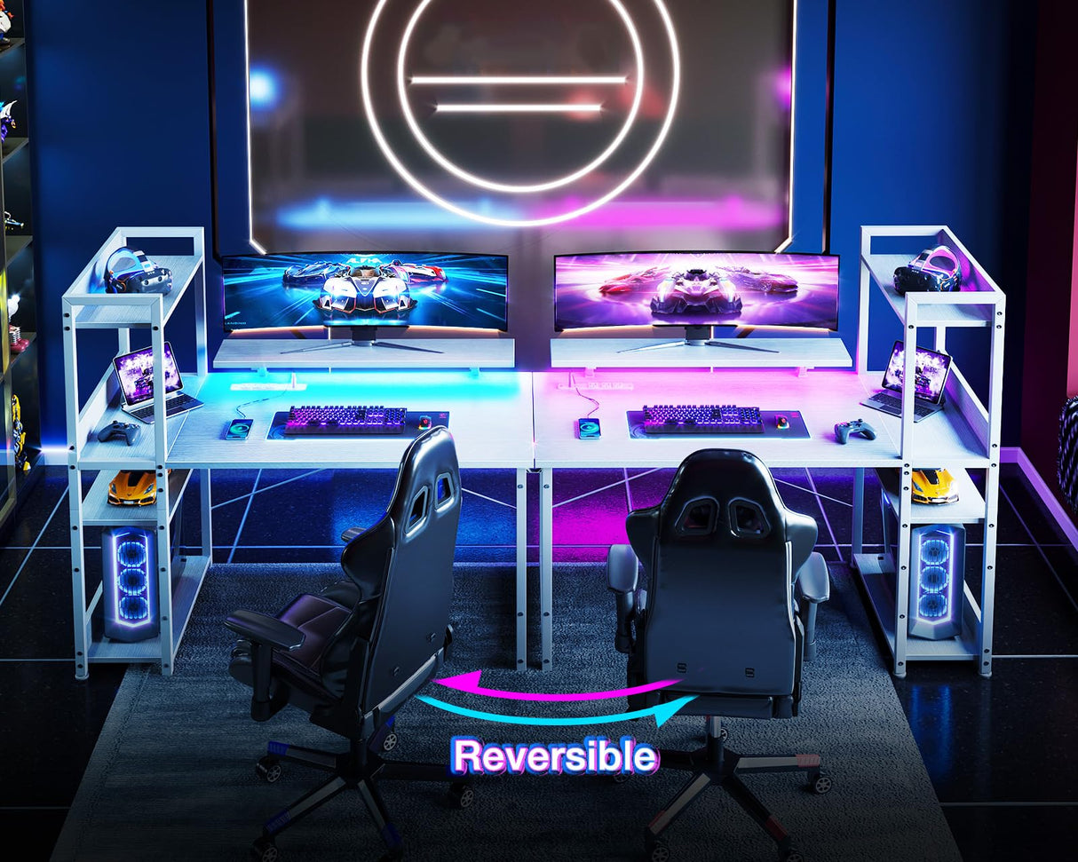 ODK Reversible Gaming Desk with USB Charging Port and LED Lights, 40 Inch Computer Desk with Storage Shelves & Monitor Stand, Writing Study Table for Home Office, Small Space Bedroom, White ODK