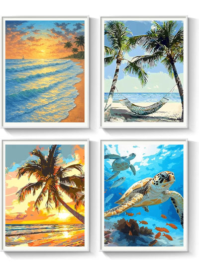 4Pcs Tropical Beach Digital Paint by Numbers Kits, 12x16inch Palm Tree & Sea Turtle DIY Oil Painting Sets for Adults & Kids, Relaxing Art Craft for Home Decor Gifts