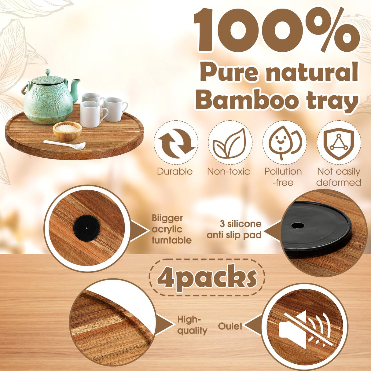 Kigley 4 Pcs Acacia Wood Lazy Susan Organizers Lazy Susan Turntable for Cabinet Non Skid Kitchen Tray for Counter Pantry Spice Salt Pepper Olive Oil Table Organization and Storage (10 Inch) Kigley