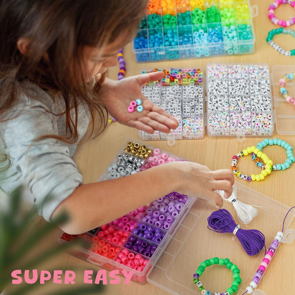 Gionlion 4200Pcs Pony Beads for Bracelet Making Kit, 48 Colors Kandi Beads Bracelet Kit, 2500pcs Rainbow Candy, 1700pcs Friendship Letter Beads with 20 Meter Elastic Strings for Jewelry Making Gionlion