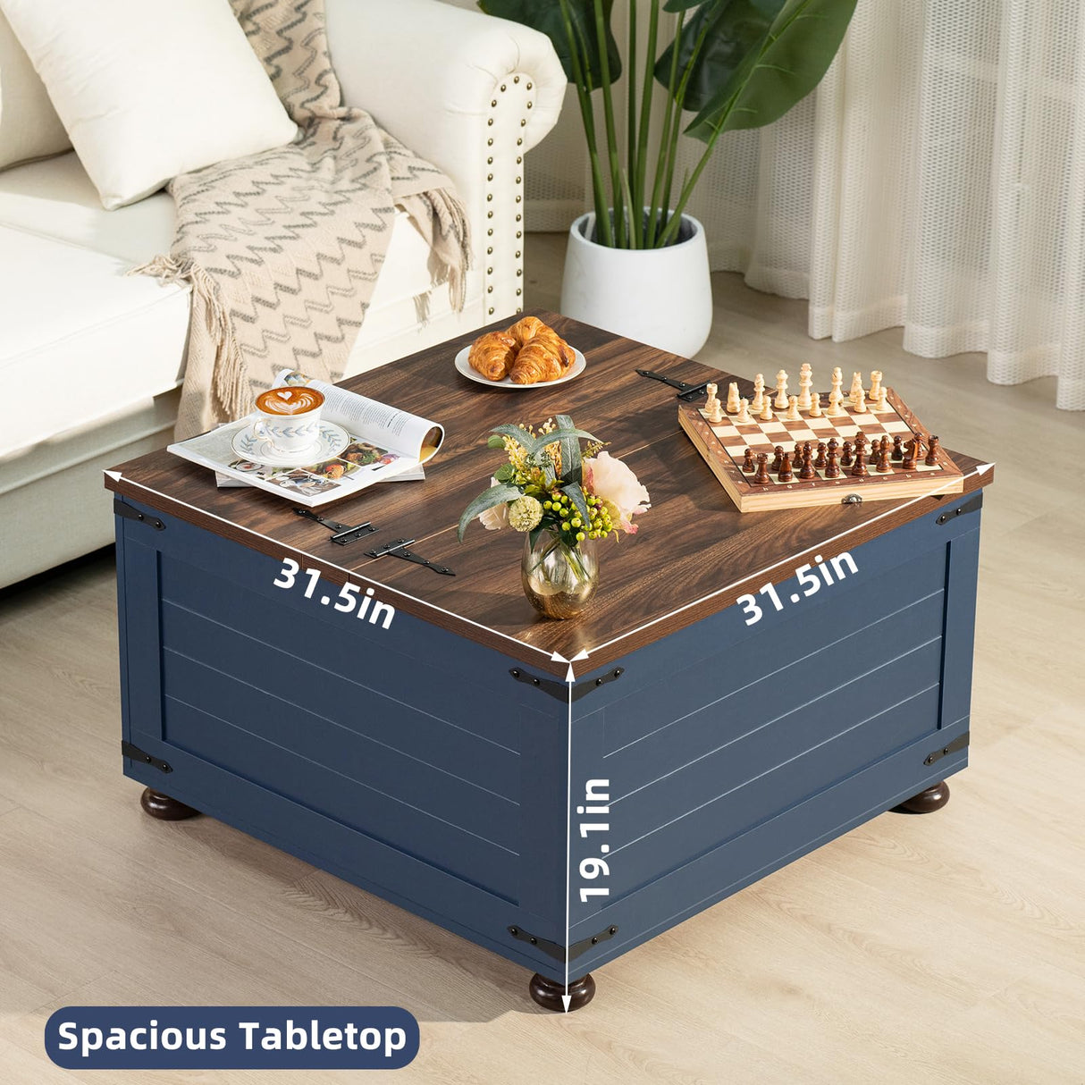 Joaxswe Farmhouse Coffee Table with Hidden Storage, 59 Gallon Square Center Table for Living Room, Rustic Wood Cocktail Tables with Flip-Top Lids, Farm House Tables with Wooden Gourd Feet, Navy Blue Joaxswe