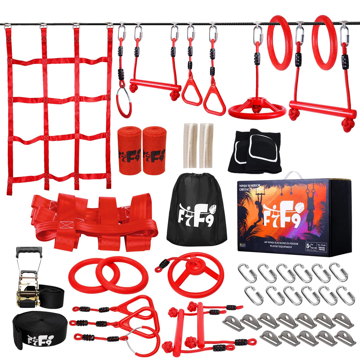 Ninja Warrior Obstacle Course for Kids Backyard with A Pair of Knee Pads, 60’ Ninja Slackline and Slackline Protective Tube with Unique Obstacles Climbing Net, Ninja Wheel, Monkey Bars, Gym Rings F7F9