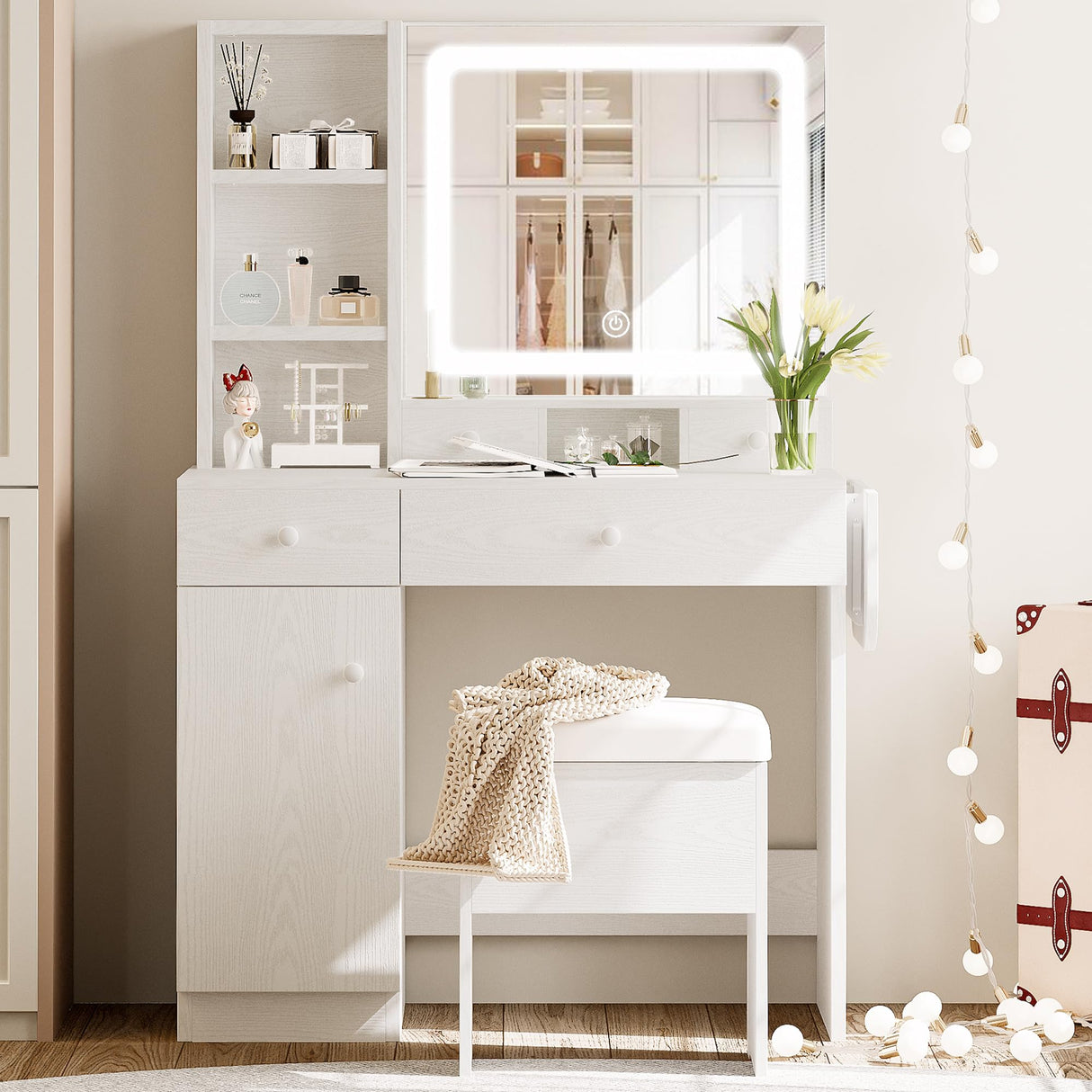 LIKIMIO Vanity Desk with Drawers & LED Lighted Mirror & Power Outlet & Cabinet, Storage Stool, Stylish Bedroom Makeup Table Set, White LIKIMIO