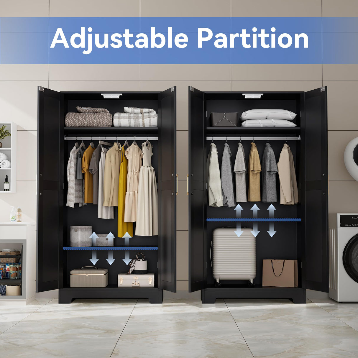 Wooden Armoire Wardrobe Closet, Wardrobe Cabinet with Door and Shelves, Freestanding Bedroom Armoires Clothing Storage Cabinet with Hanging Rod for Bedroom, Laundry Room, Cloak Room(Black) Honsiva