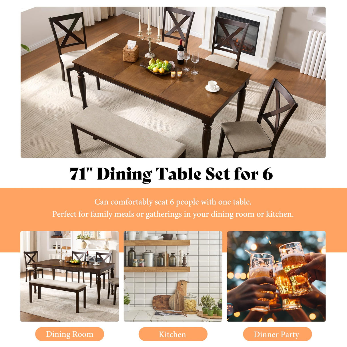 AMERLIFE 6 Piece Farmhouse Dining Table Set, 71'' Solid Wood Table with Upholstered Chairs & Bench, Seating for 6, for Kitchen or Dining Room, Brown & Black AMERLIFE