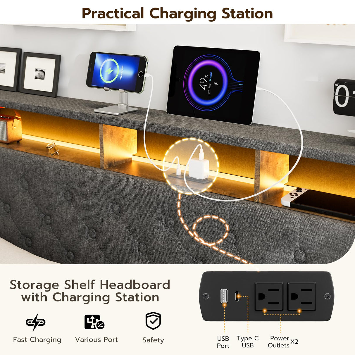 IKIFLY Dark Grey King Bed Frame with LED Storage Headboard, Charging Station & 4 Drawers IKIFLY