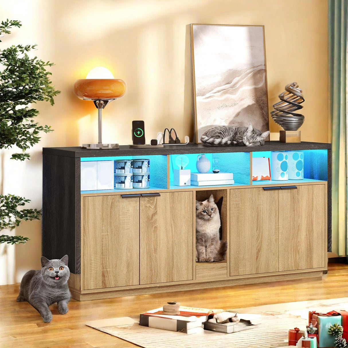 YITAHOME Double Hidden Cat Litter Box Enclosure with Power Outlet & LED Light, 60 Inch Dual Kitty Litter Box TV Stand Furniture for 2 Cats, Wooden Cat Cabinet for Indoor Cats, Grey Oak YITAHOME