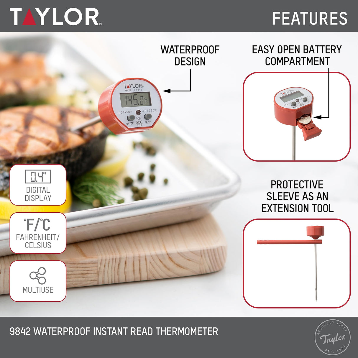 Taylor Waterproof Digital Instant Read Thermometer For Cooking, BBQ, Grilling, Baking, And Meat, Comes With Pocket Sleeve Clip, Red Taylor