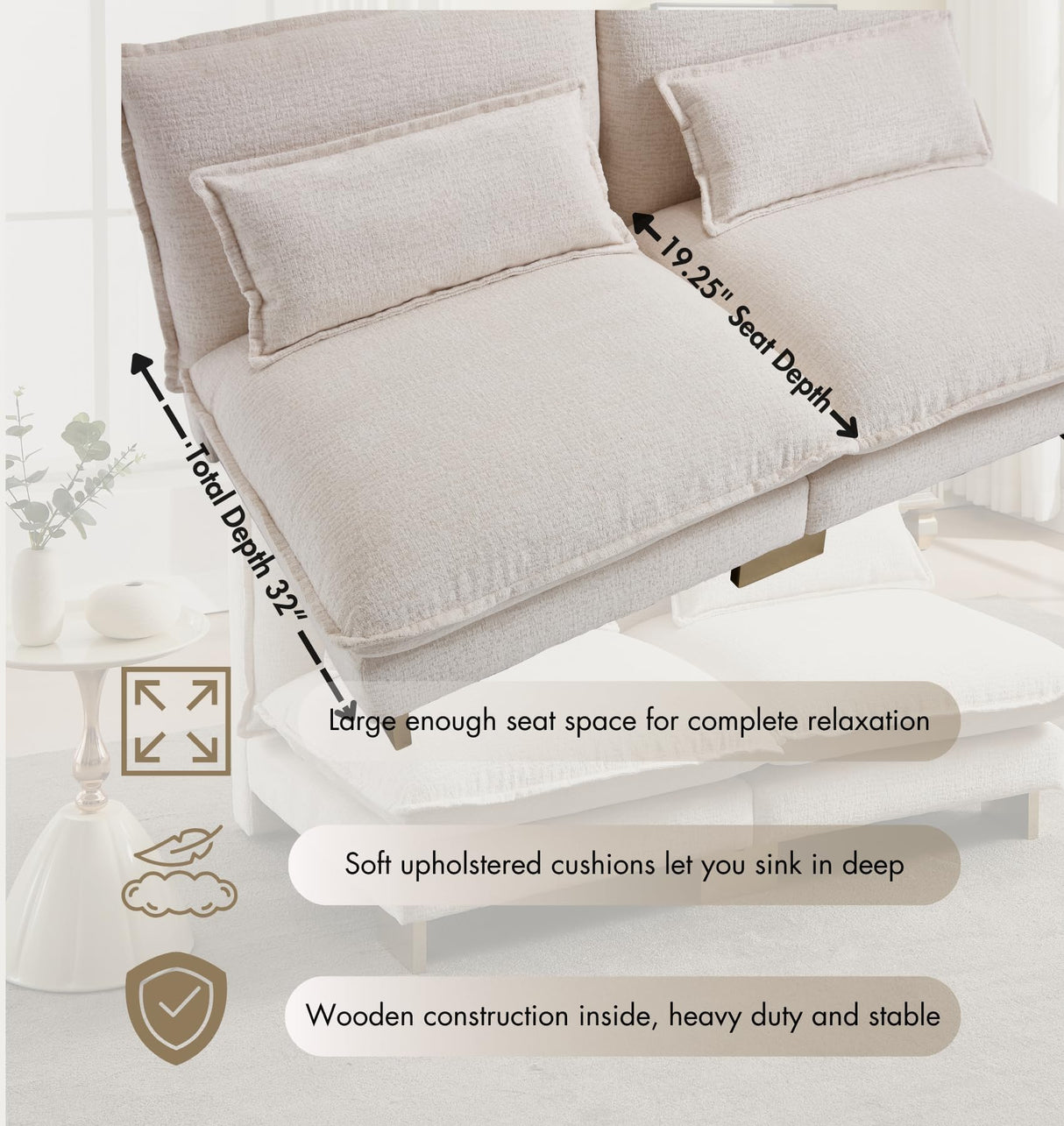 Hyfirm Small Modular Sofa Armless Loveseat, Modern 2-Seats Mini Sofa Couch with Pillows Convertible Love Seat with Gold Legs for Small Spaces Living Room, Beige Chenille Hyfirm