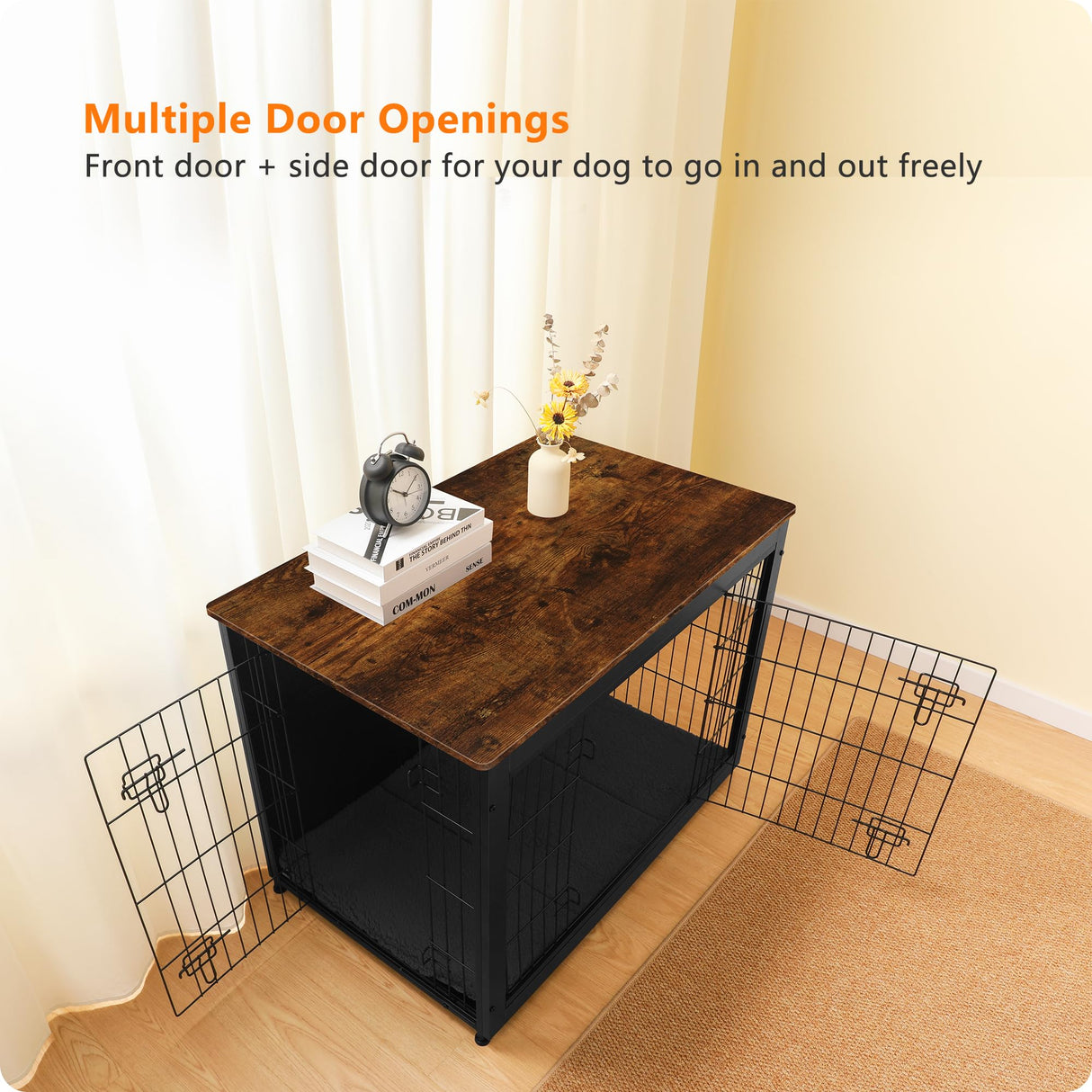 DWANTON Dog Crate Furniture with Cushion, Wooden Kennel Table with Double Doors, Indoor Dog House, Large Size, 38.5" L, Black+Rustic Brown Dwanton