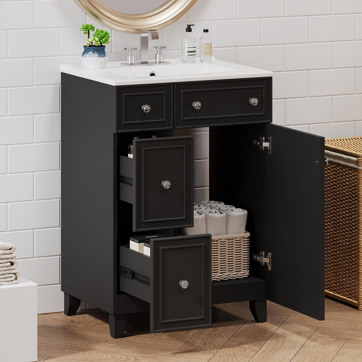 Harper & Bright Designs 24" Bathroom Vanity with Sink, Free Standing Single Basin Vanity Set with Two Drawers and One Door, Modern Solid Wood Bathroom Cabinet with Ceramic Basin for Bathroom, Black Harper & Bright Designs
