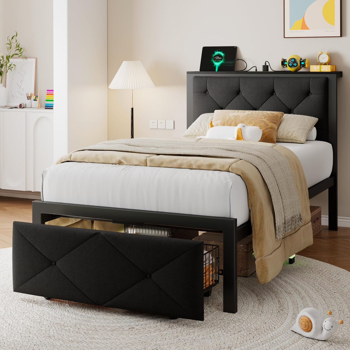 Einhomn Twin Bed Frame with Storage Drawer, Metal Platform Bed with Charging Station, Upholstered Button Tufted Storage Headboard, No Box Spring Needed, Noise-Free, Easy Assembly, Black Einhomn