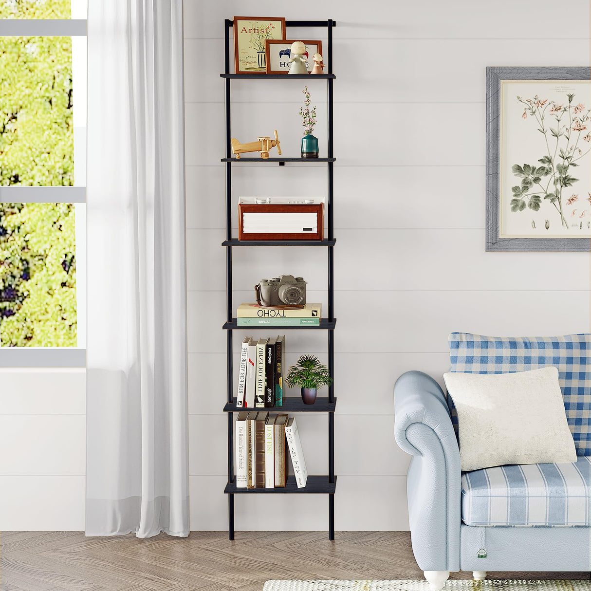 POBOMULI 6-Tier Ladder Shelf, 77 Inches Wall Mounted Ladder Bookshelf with Metal Frame, Wood Tall Open Storage Rack and Display Shelves for Home Office Bedroom Living Room, Black POBOMULI