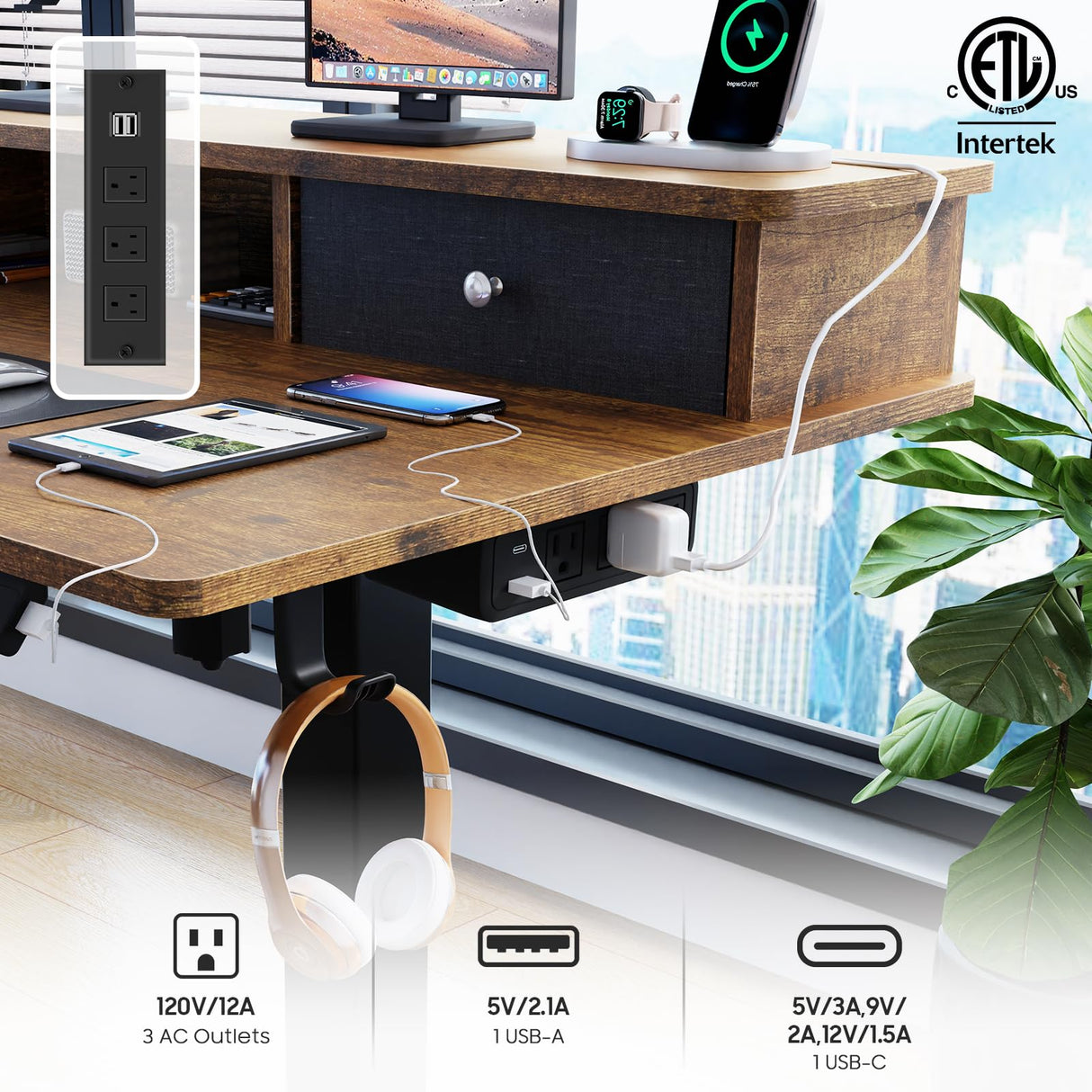 Vabches Electric Standing Desk Adjustable Height, LED Stand Up Desk with Drawers and Charging Station 48 Inch Ergonomic Sit Stand Desk with Storage Uplift Work Desk for Home Office (Rustic Brown) Vabches