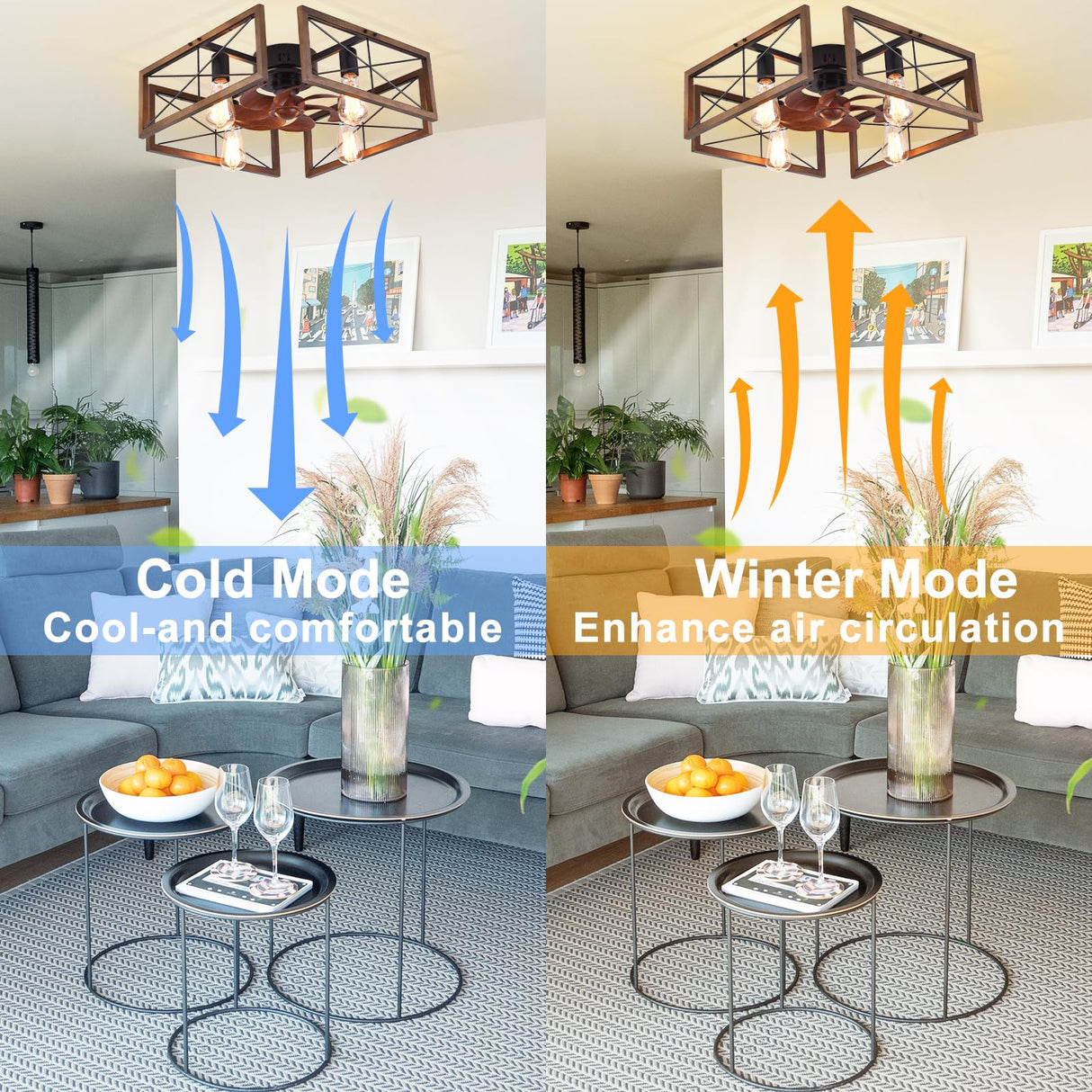 Capslpad 20''Farmhouse Flush Mount Ceiling Fan with Light and Remote Control,Industry Wood Low Profile Fan Rustic Industrial Caged Indoor Ceiling Fan for Bedroom Living Room Kitchen (4-Light) Capslpad