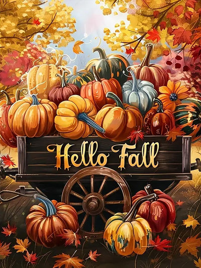 CHWGLFGG 5D Diamond Art Kits for Adults Beginners, Fall Pumpkin Cart Diamond Painting Kits, DIY Full Round Drill Paint by Diamonds Dot Gem Art for Adults, Home Wall Decor 12x 16 Inch