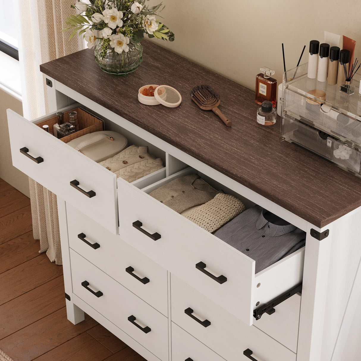 LINSY HOME Farmhouse 8 Drawer Double Dresser for Bedroom, 50” Wide Rustic Wood Chest with Deep Drawers, Modern Dressers with Storage and Metal Handles for Closet, Living Room, Hallway, Off White LINSY HOME