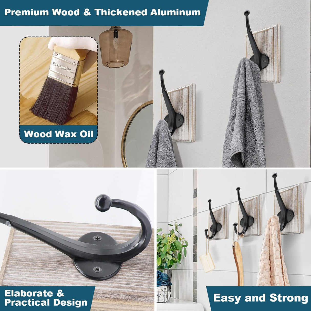 Lomuke Towel Hooks for Bathroom Wall Mounted, 2 Pack Farmhouse Rustic Wall Hooks for Hanging Coat Robe Keys, Heavy Duty Wood Black Hooks for Kitchen Bedroom Decorative (Weathered White) Lomuke