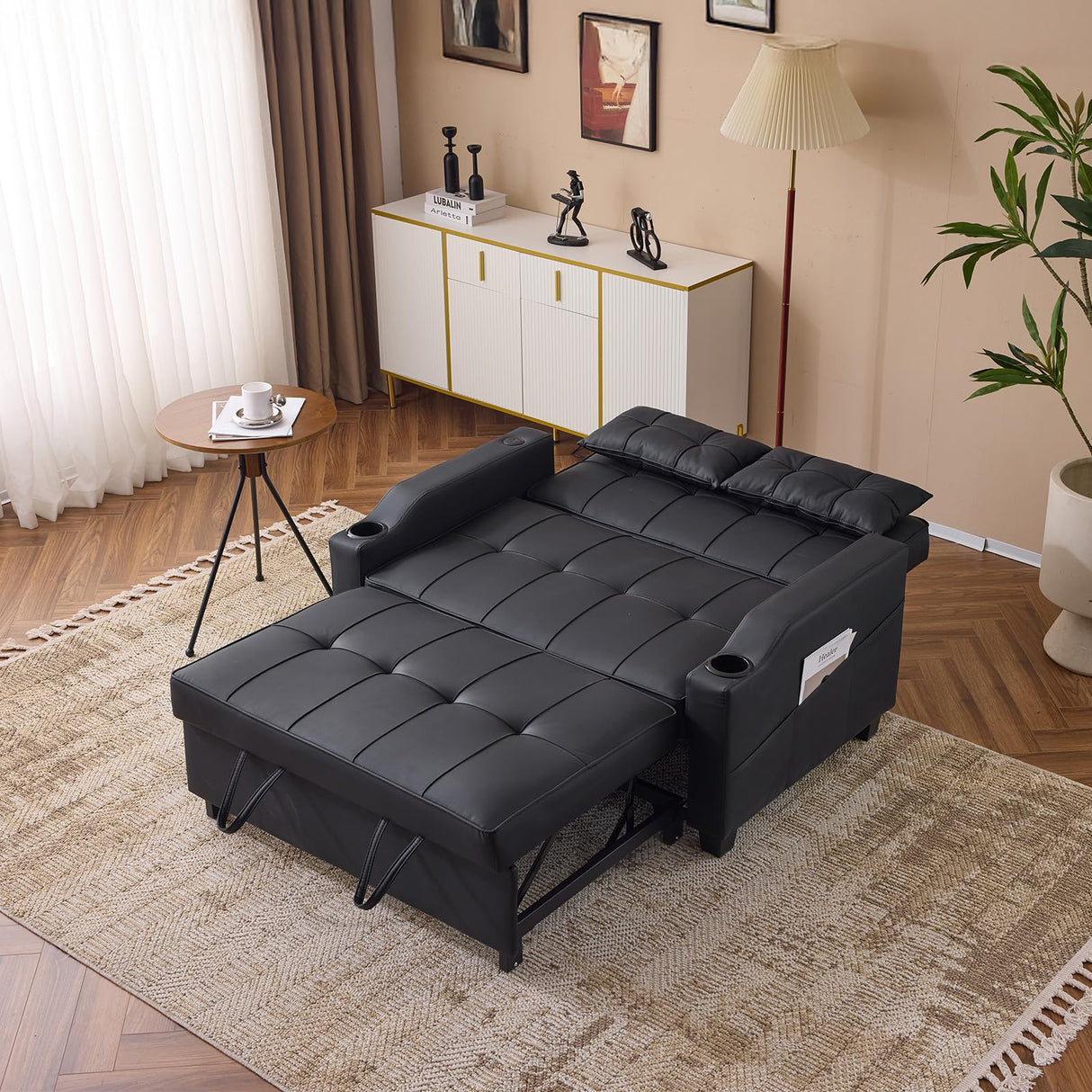 VINGLI Black Futon Sofa Bed Convertible Loveseat Sleeper Couch, Faux Leather Pullout Sofa Fold Out Couch Bed with USB Ports, Cup Holders, Armrest for Living Room, Bedroom Apartment Room VINGLI