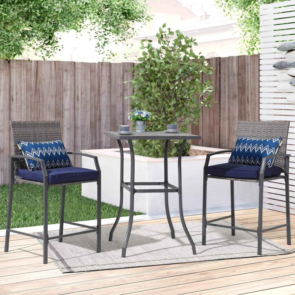 JOIVI 3 Piece Patio Bar Set, Outdoor Wicker Counter Height Bar Stools and Wood Top Table Set for 2 People, Bar Height Table Bistro Set with 2 Bar Chairs and Cushions for Backyard, Balcony JOIVI